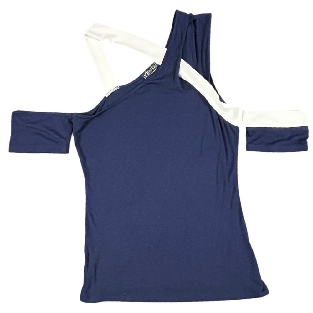 Venus Womens Navy Blue White Asymmetrical Cold Shoulder Knit Top Size S